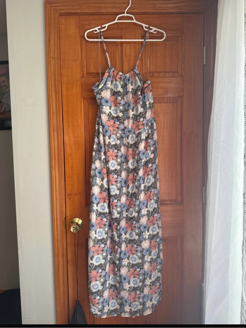 SO Floral Spaghetti-Strap Maxi Dress in Coral, Blue & Gray